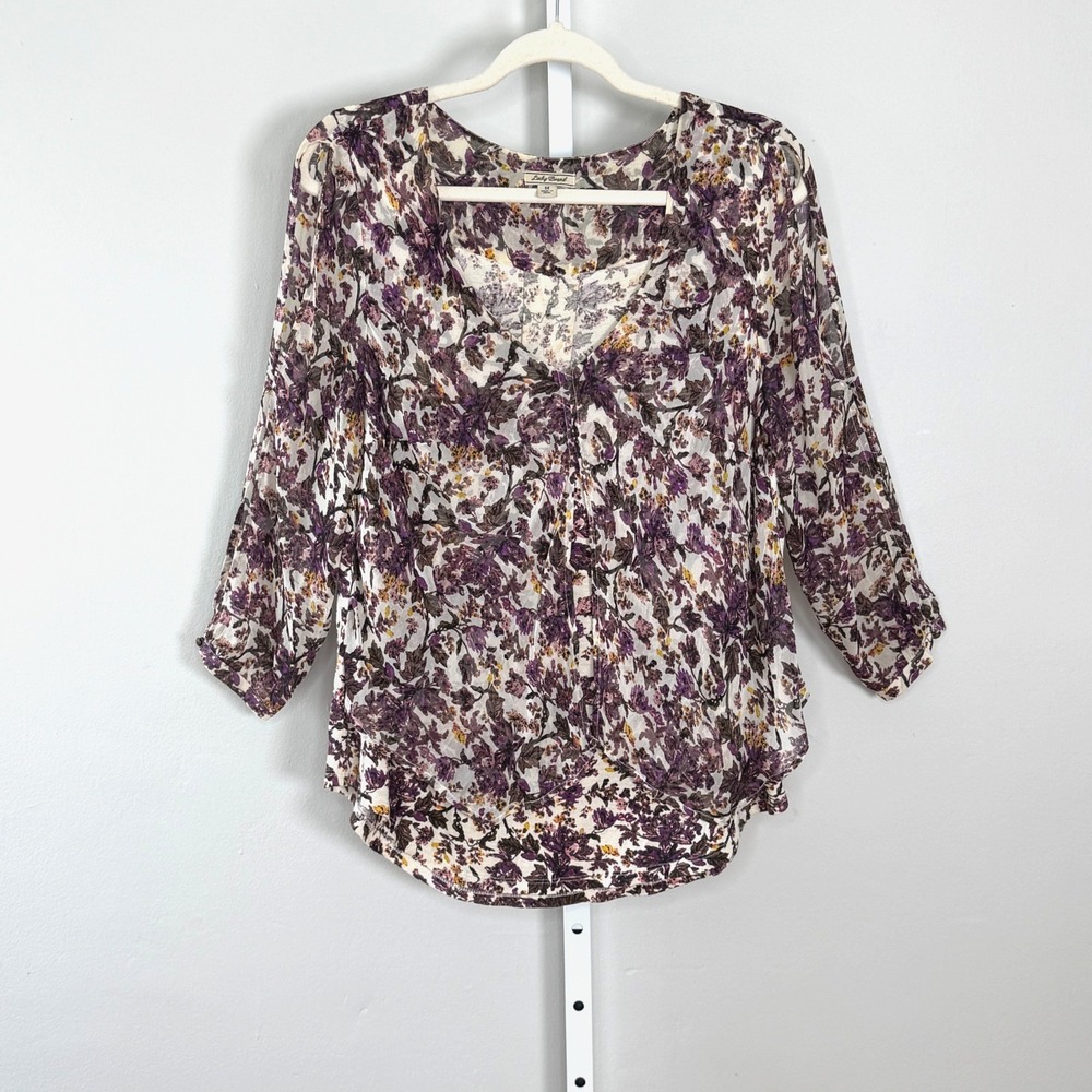 Lucky Brand Boho Peasantβ Blouse Viscose Purple Floral Split Sleeve V-Neck